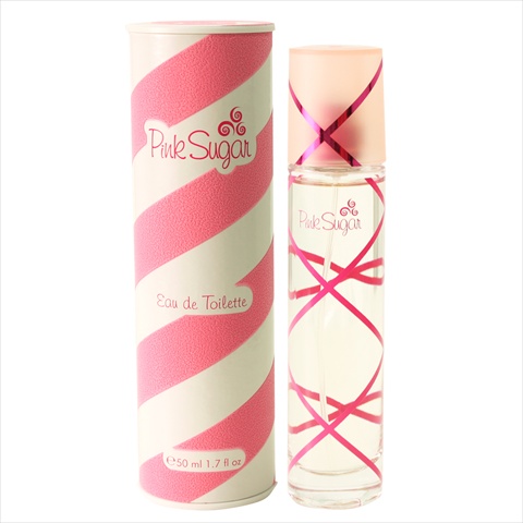 Clear glass bottle with a pink cap, featuring a pink ribbon design, next to a cylindrical white box with pink swirls, labeled "Pink Sugar Eau de Toilette 50ml."