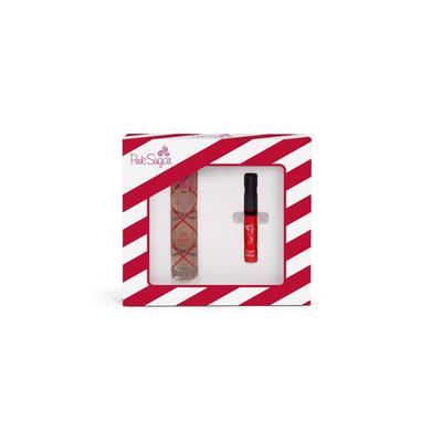 Aquolina Pink Sugar Red Velvet Gift Set featuring a 50ml EDT and 8.5ml lip gloss, presented in a striped red and white box with a clear window.