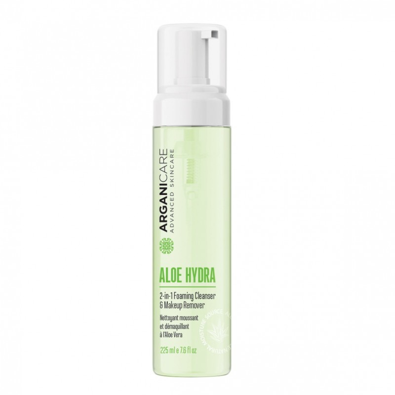 Clear plastic bottle with a green label, featuring a pump dispenser, labeled "Aloe Hydra 2-in-1 Foaming Cleanser & Makeup Remover" by ARGANICARE, 225 ml.