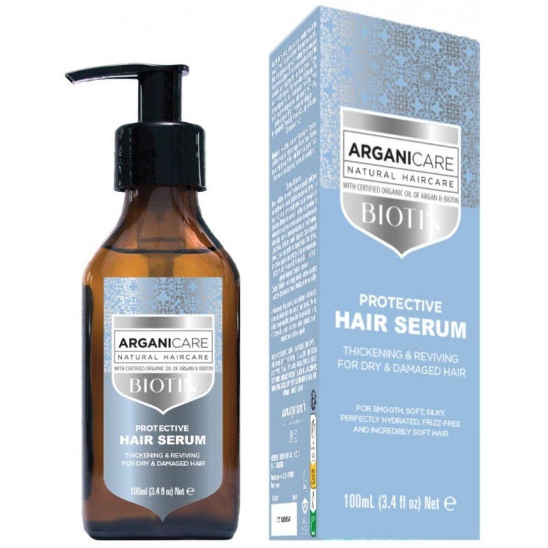 Brown glass bottle with a black pump dispenser, labeled "Protective Hair Serum" by ARGANICARE, alongside a light blue box featuring product details and a white background.
