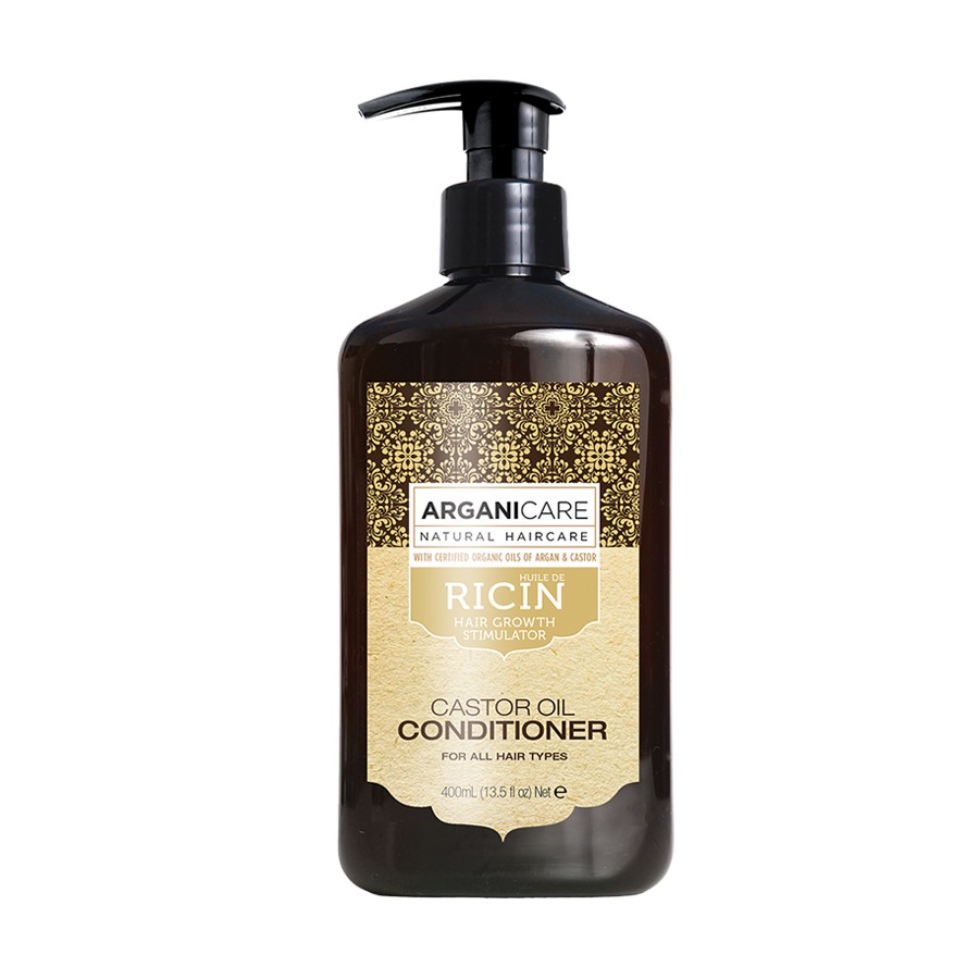Dark brown plastic bottle with a black pump dispenser, featuring a gold and cream label that reads "ARGANICARE Castor Oil After Conditioner" and highlights hair growth benefits.