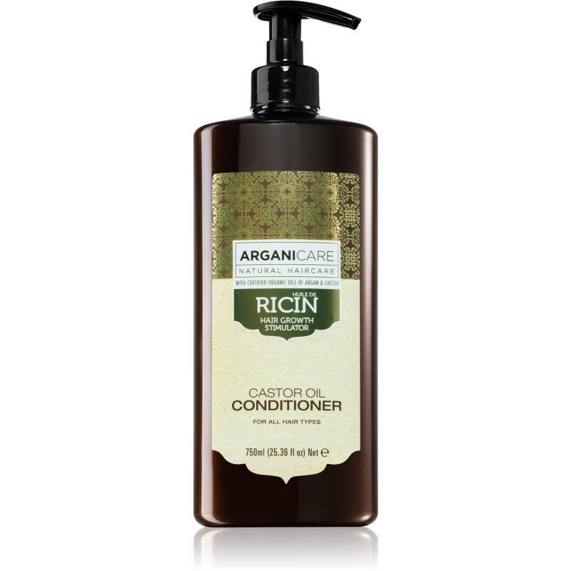 Dark brown plastic bottle with a black pump dispenser, featuring a green and gold label that reads "ARGANICARE RICIN HAIR GROWTH STIMULATOR" and "CASTOR OIL CONDITIONER" for all hair types.