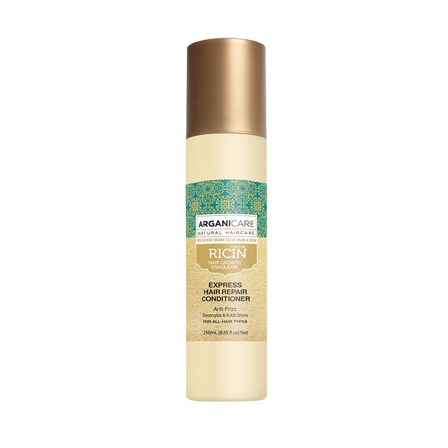 Ricin Express Hair Repair Conditioner in a sleek beige bottle with a gold and turquoise label, featuring the Arganicare logo, 250 ml size.