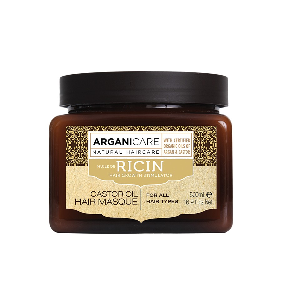 Brown jar with a black lid, labeled "ARGANICARE Castor Oil Hair Masque for All Hair Types, 500ml," featuring organic argan and castor oil ingredients.