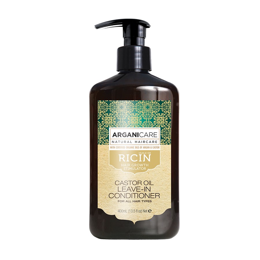 Dark brown plastic bottle with a pump dispenser, featuring a gold and green decorative label, labeled "Arganicare Ricin Stimulator Leave-in Conditioner" for all hair types, 400 ml.
