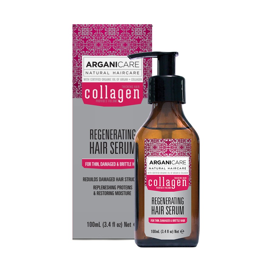 Brown glass bottle with a black pump top, labeled "ARGANICARE Regenerating Hair Serum" in white and gold text, alongside a matching box featuring similar branding and details.