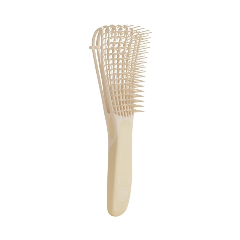 A light beige detangling hairbrush with flexible bristles and a comfortable grip, designed for gentle hair care by ARGANICARE.