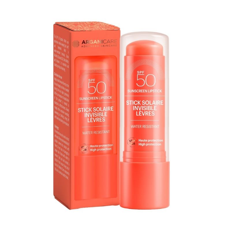 Bright orange packaging with a sleek stick design, featuring "SPF 50" prominently displayed, labeled as water-resistant, and designed for lip protection by ARGANICARE.