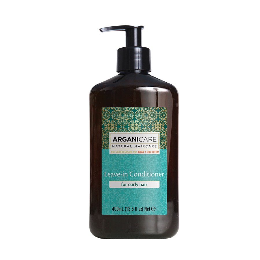 Brown plastic bottle with a black pump top, featuring a green and gold label that reads "ARGANICARE Leave-in Conditioner for Curly Hair" in white text, 400 ml size.