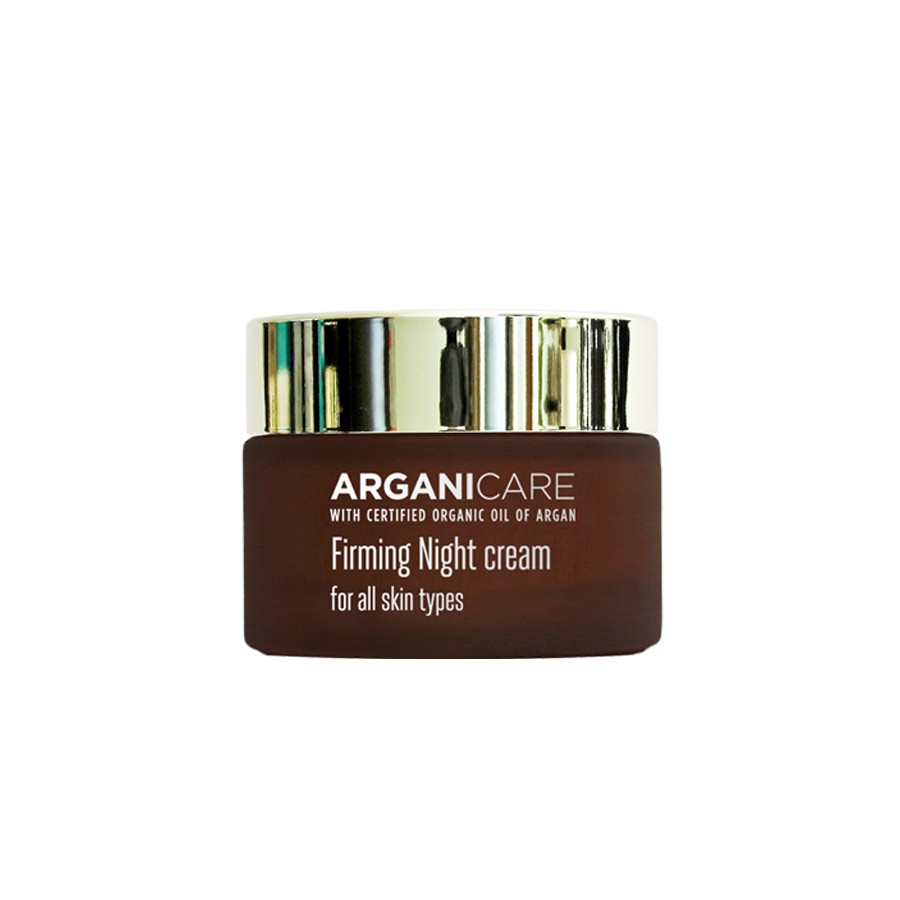 Brown glass jar with a gold lid, labeled "ARGANICARE Firming Night Cream for All Skin Types," containing 50 ml of cream.