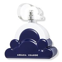 A blue and white cloud-shaped perfume bottle with a clear cap, labeled "ARIANA GRANDE," containing 3.4 oz of Cloud Intense Eau De Parfum Spray for women.