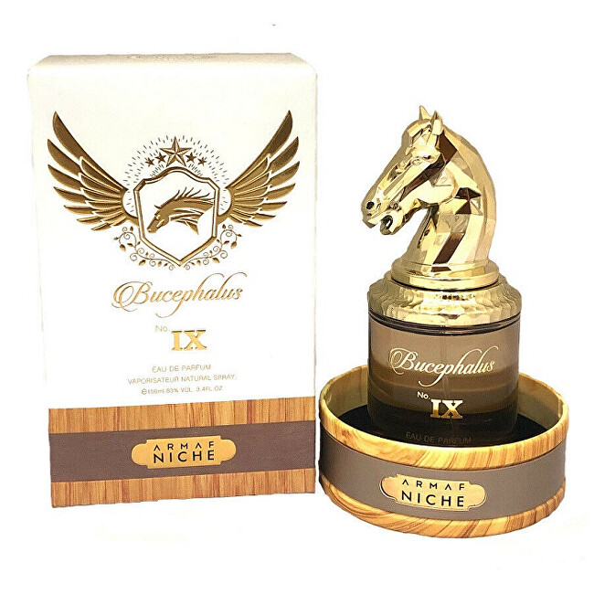 Armaf Bucephalus No. IX Eau De Parfum features a brown glass bottle with a gold horse head cap, presented in a circular wooden base and a decorative box with a logo.