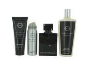 Four-piece gift set featuring a black and silver EDT spray bottle, a silver body spray, a black shower gel tube, and a large black shampoo bottle, all with sleek, modern designs.