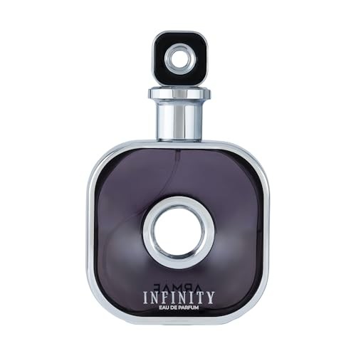 Armaf Infinity Silver Eau De Parfum in a sleek, square dark purple bottle with a circular cutout and silver accents, featuring a black top and the brand name prominently displayed.