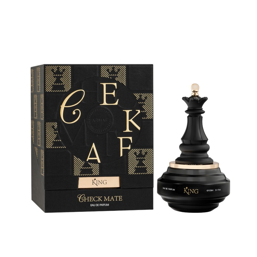 Black chess piece-shaped bottle with gold accents, accompanied by a stylish black box featuring a gold and black pattern, labeled "Checkmate King Eau De Parfum 3.4 Oz."