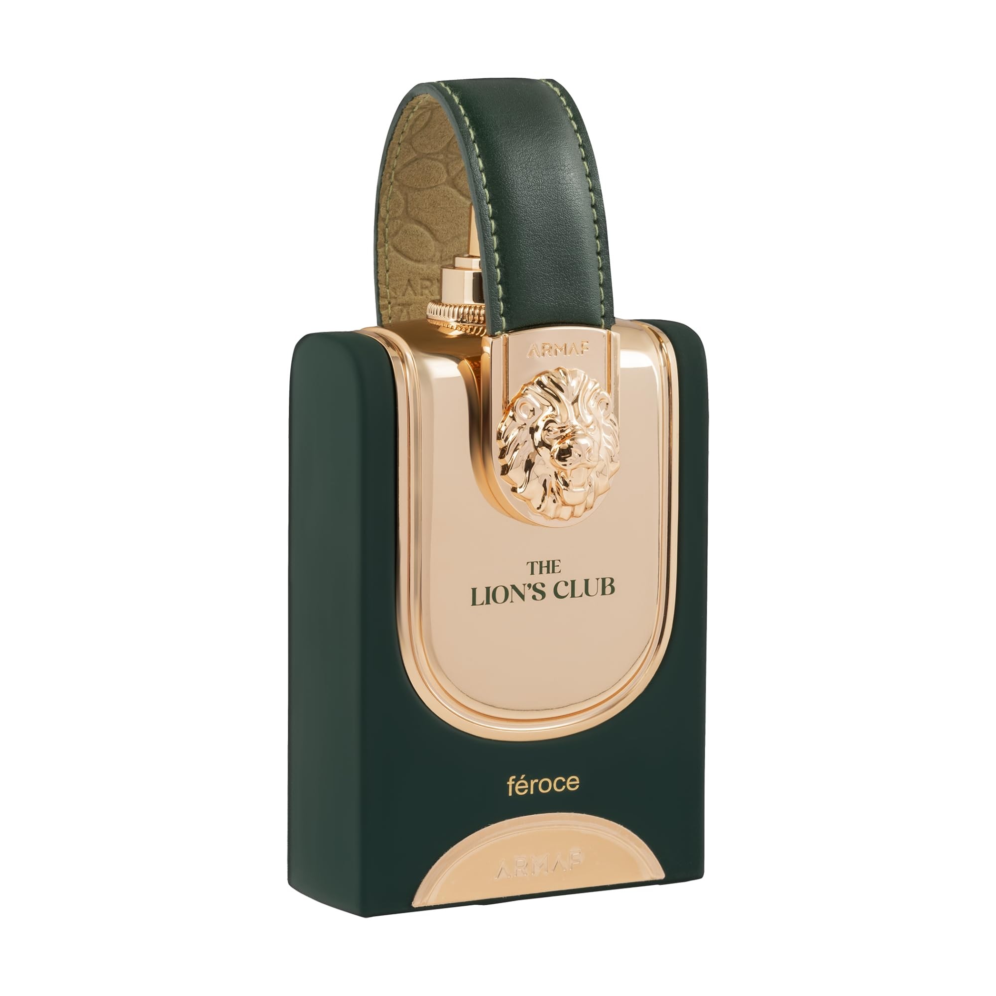 Armaf Lions Club Feroce Eau De Parfum 100ml features a sleek black bottle with a gold lion emblem and a green leather strap, exuding elegance and sophistication.