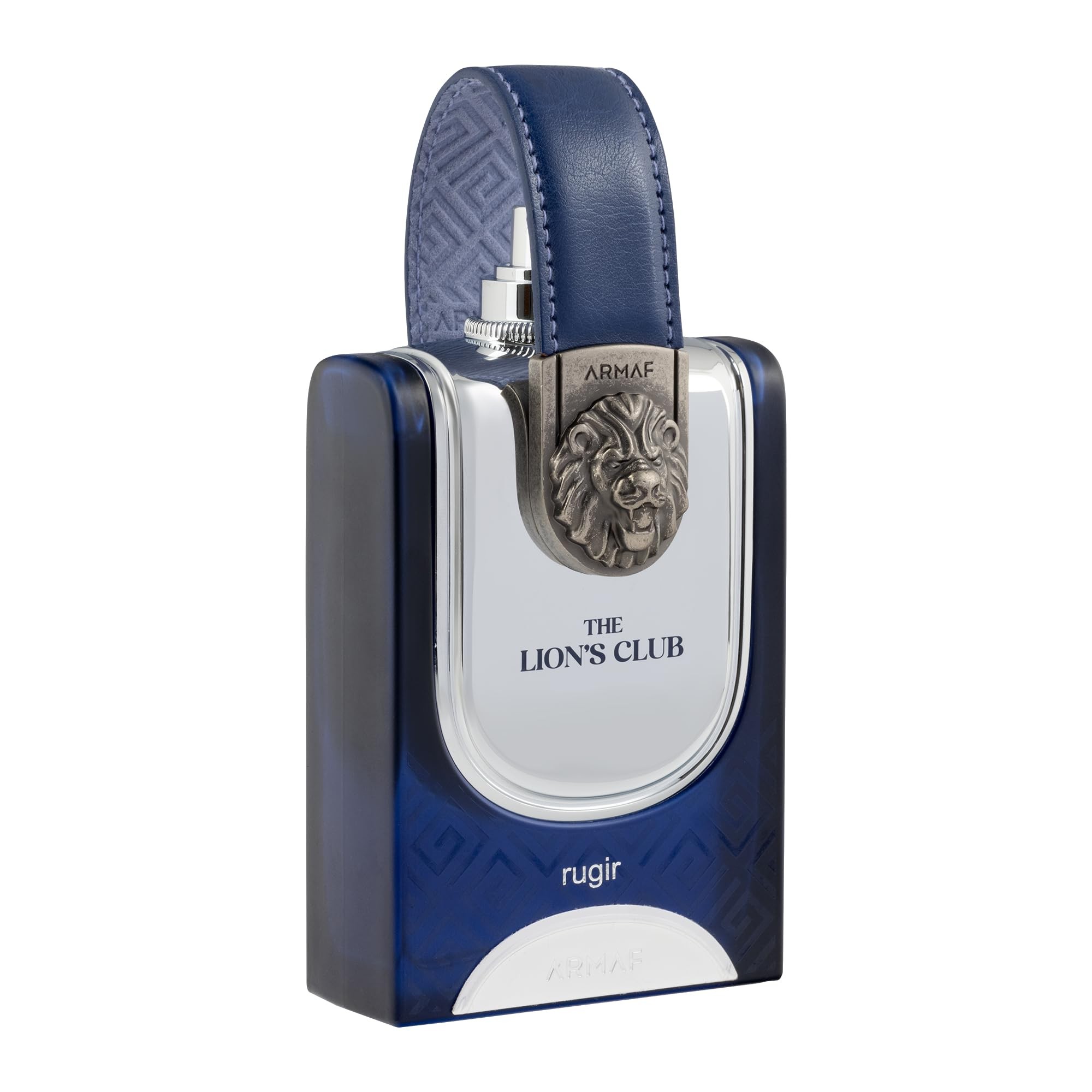 Armaf Lions Club Rugir Eau De Parfum 100ml features a sleek black and blue bottle with a lion emblem and a blue leather strap, exuding a luxurious and bold design.