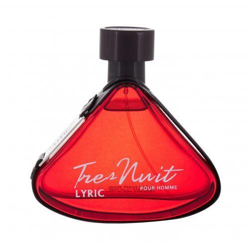 Red triangular bottle with a black cap, featuring the text "Tres Nuit Lyric Pour Homme" in white and black, showcasing a sleek and modern design for the fragrance.