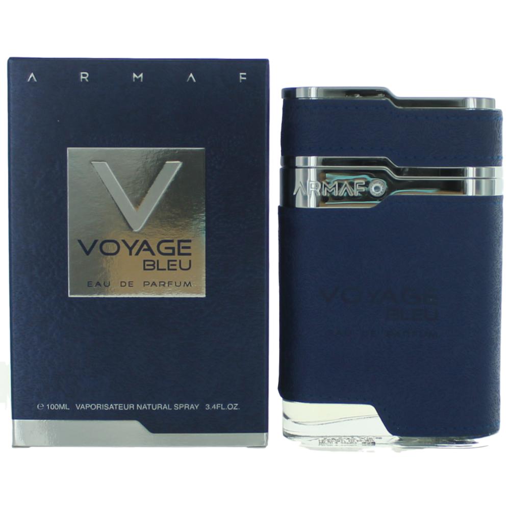 Navy blue bottle with silver accents, featuring a rectangular shape and a clear base, alongside a matching box displaying the "Armaf Voyage Bleu" logo and details.