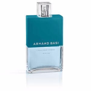A rectangular glass bottle with a turquoise cap and base, featuring the label "ARMAND BASI" in silver, containing a light blue fragrance.