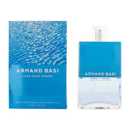 Bright blue box with wave pattern beside a clear glass bottle of Armand Basi L'Eau Pour Homme Eau De Toilette, featuring a minimalist design and a silver spray nozzle.