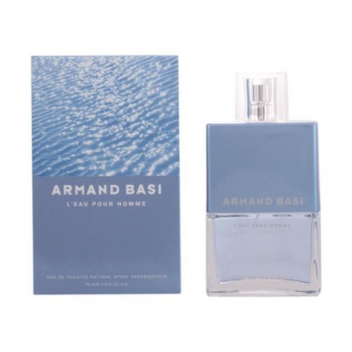 Clear glass bottle with a light blue cap, featuring the label "Armand Basi L'Eau pour Homme," alongside a matching blue box with a water-themed design, both 75 ml.
