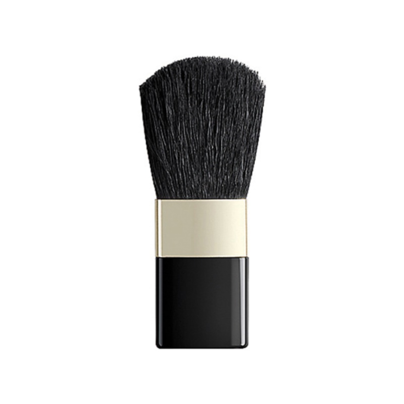 Mini blusher brush with a sleek black handle, gold ferrule, and soft, dense black bristles, designed for precise application of blush.