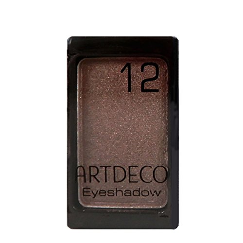 Compact eyeshadow in a sleek black case, featuring a shimmering chocolate brown shade labeled "12" and the brand name "ARTDECO" prominently displayed.
