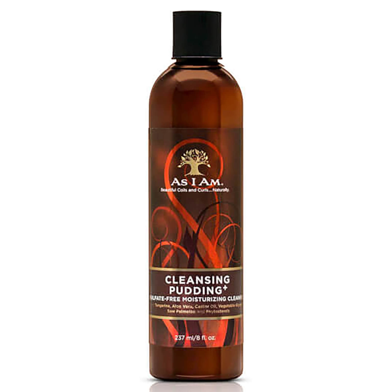 Brown plastic bottle with a pump top, featuring a dark label with orange and gold accents, labeled "As I Am Cleansing Pudding 237 Ml," emphasizing its sulfate-free formula.