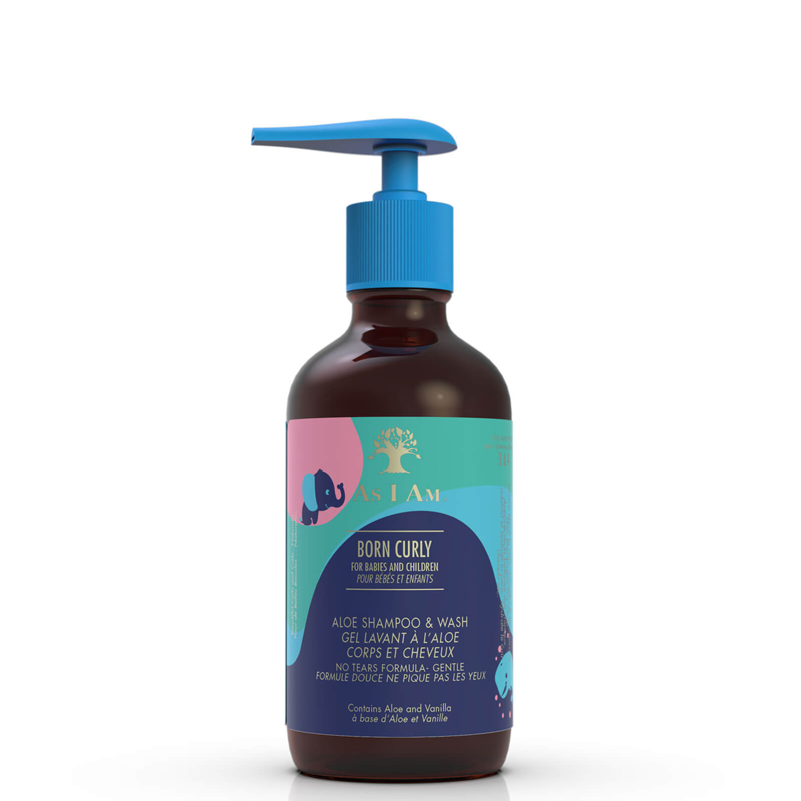 Brown plastic bottle with a blue pump top, featuring a colorful label with a blue and purple design, and text indicating it's an aloe shampoo and wash for babies and children.