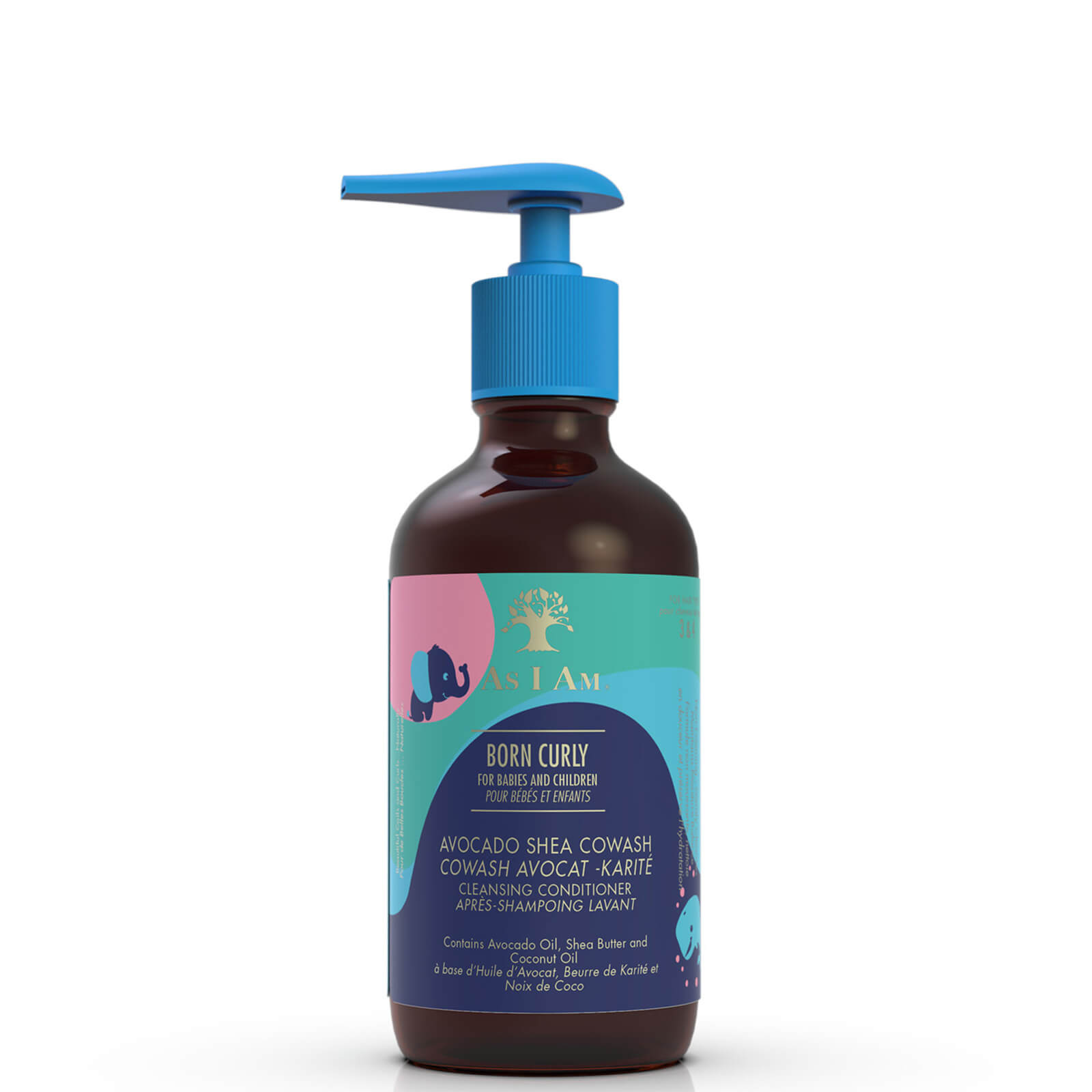 Brown plastic bottle with a blue pump top, labeled "As I Am Born Curly Avocado Shea Cowash 240 Ml," featuring colorful graphics and text highlighting its moisturizing and cleansing properties.