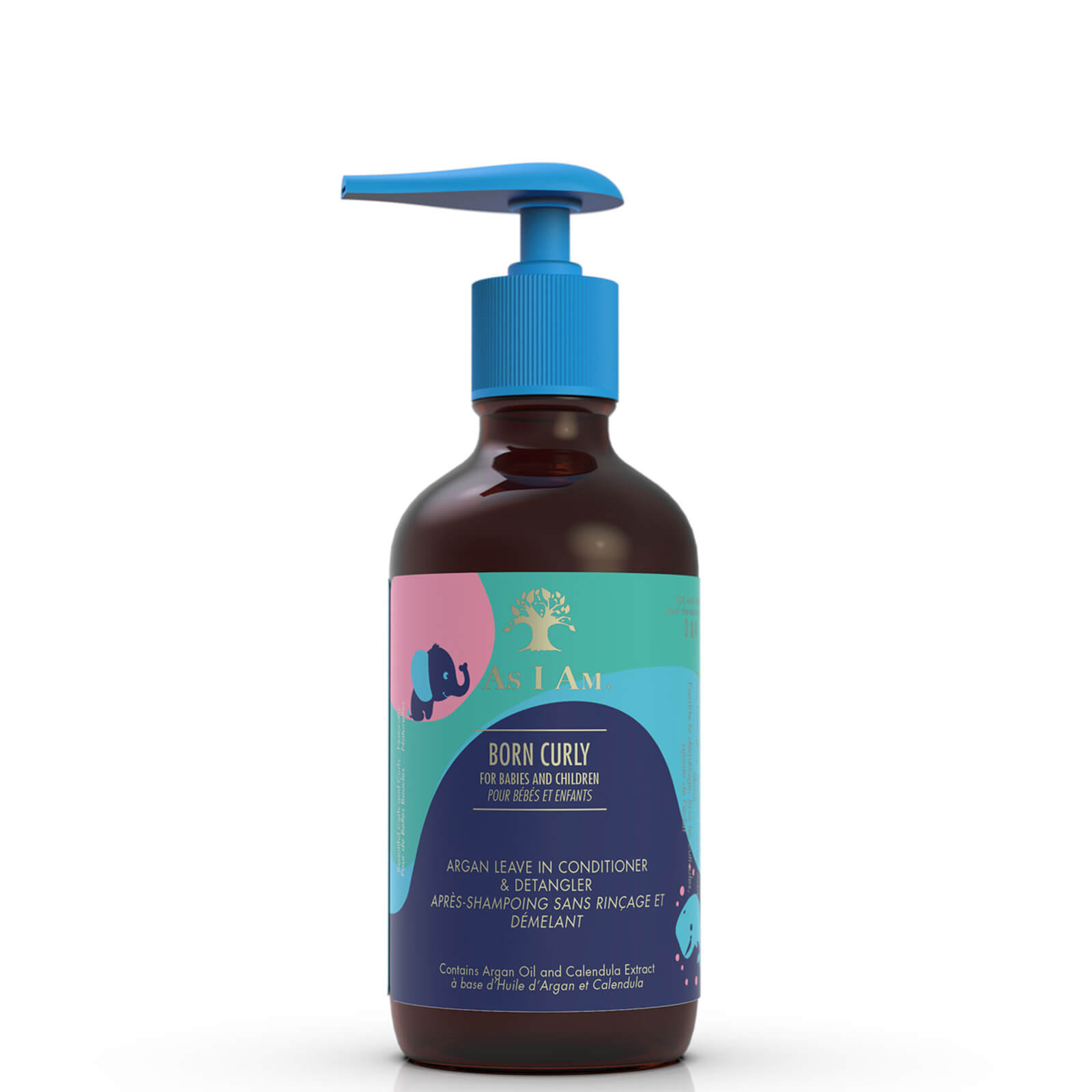 Curly leave-in conditioner in a brown bottle with a blue and green label, featuring a pump top, labeled "As I Am Curly Argan Leave-in Conditioner & Detangler 240 Ml."