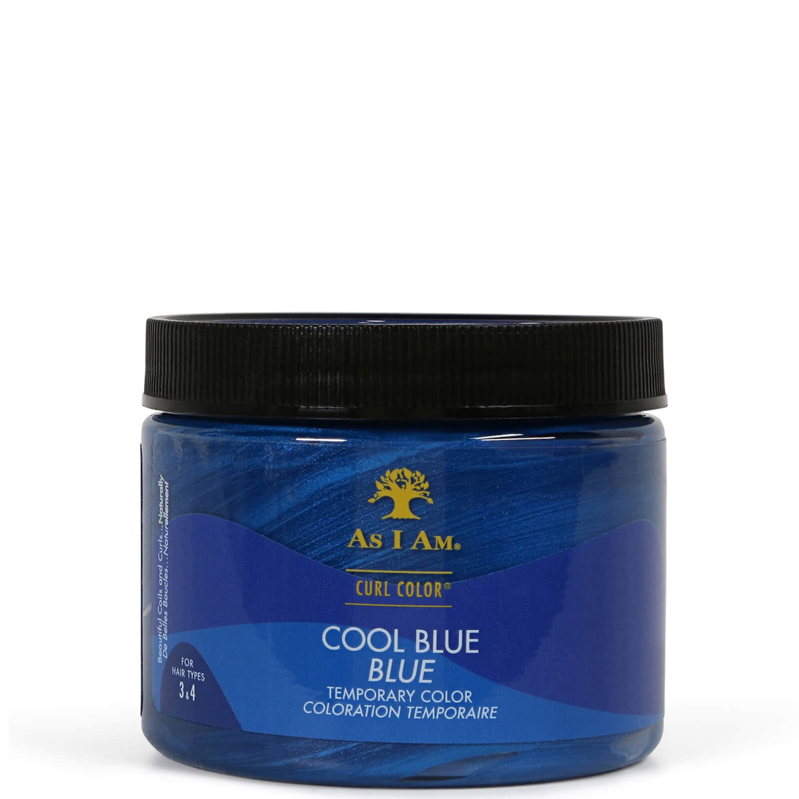 Cool Blue temporary hair color in a 182g jar, featuring a vibrant blue hue with a sleek black lid and a label showcasing the brand name and product details.