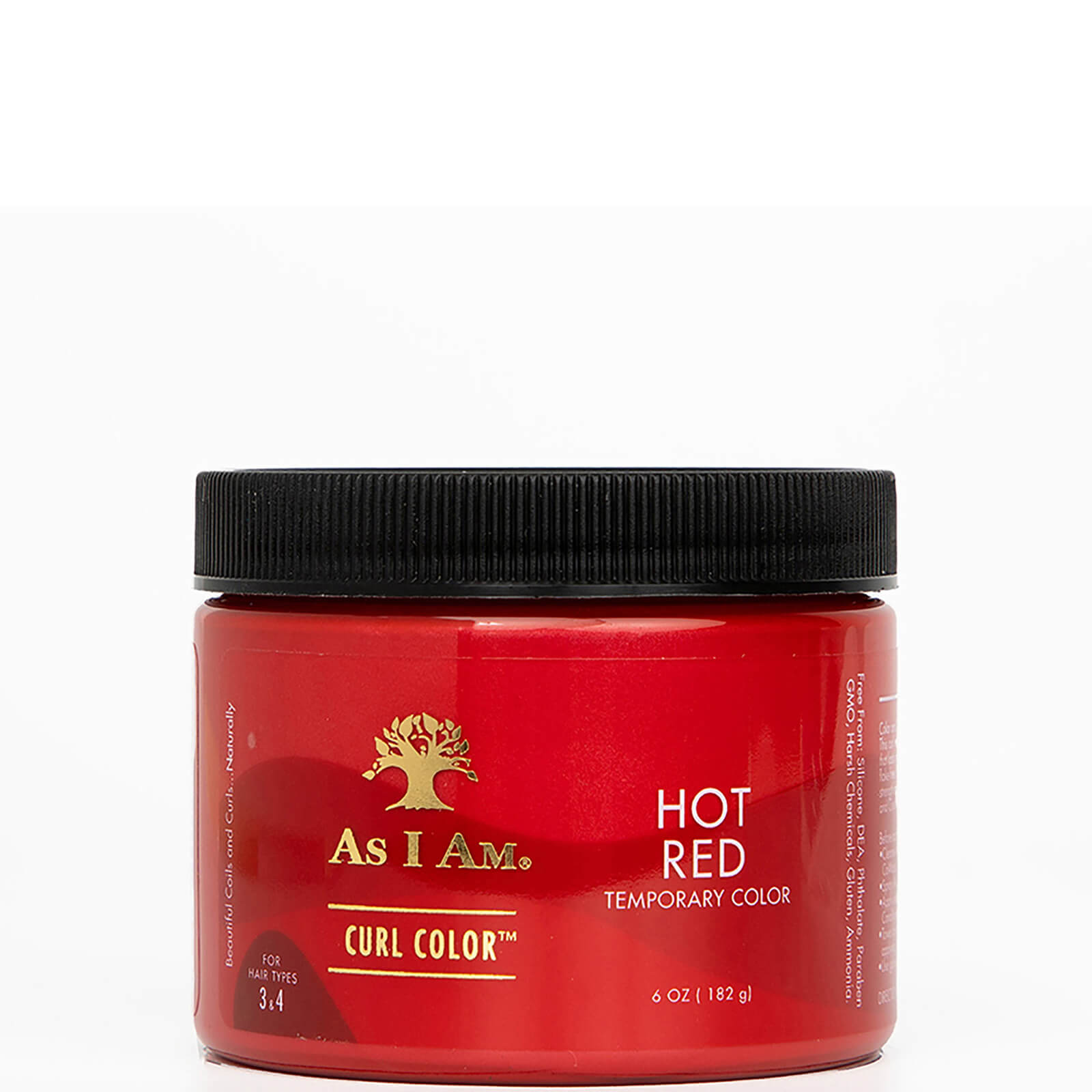 Bright red jar of As I Am Curl Color labeled "Hot Red," featuring a black lid, 182 grams of temporary color for hair, with gold accents and text on the front.