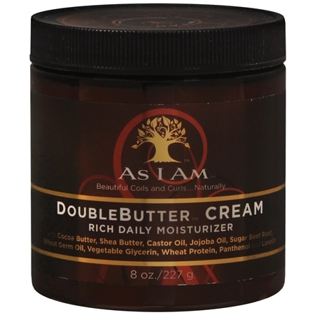 A dark brown jar with a black lid, labeled "As I Am Double Butter Cream" in white and gold text, containing 8 oz of rich daily moisturizer for textured hair.