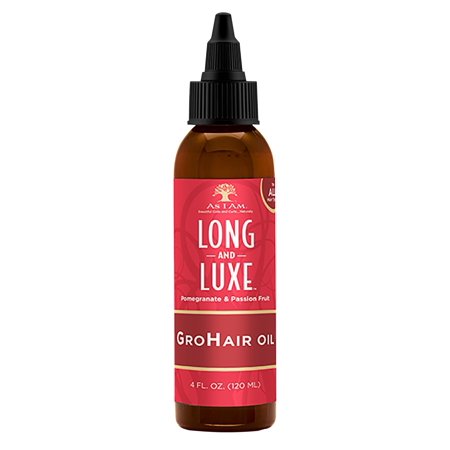 Amber glass bottle with a black dropper cap, featuring a vibrant red label that reads "Long and Luxe" and "GroHair Oil" with pomegranate and passion fruit illustrations.
