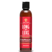 As I Am Power in Strength Bundle features a sleek brown bottle with a red label, highlighting "Long and Luxe" and "Soy Yogurt" in bold white and gold text.