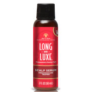 Red bottle of "As I Am Long and Luxe Scalp Serum," featuring a black cap, 60 ml size, with gold lettering and a logo, designed for scalp nourishment and hair growth.
