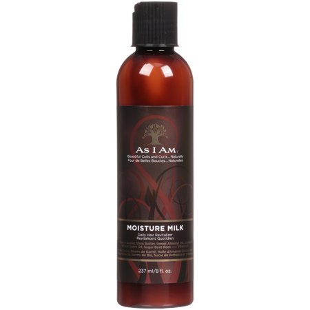 Brown plastic bottle with a black flip-top cap, labeled "As I Am Moisture Milk," featuring a dark design and red accents, containing 237 ml of moisturizing product.