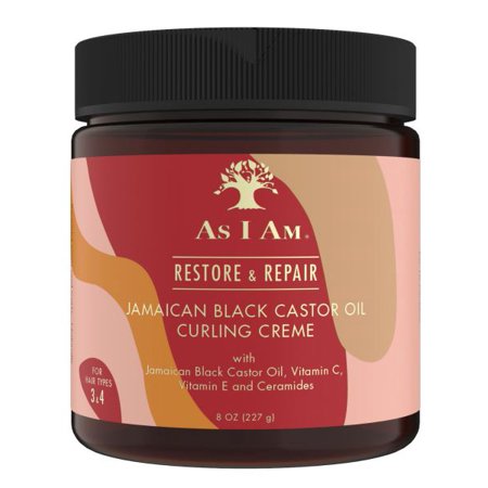 Dark amber jar with a black lid, featuring a label in peach and white, stating "As I Am Restore & Repair Jamaican Black Castor Oil Curling Creme" with 227g (8oz) prominently displayed.