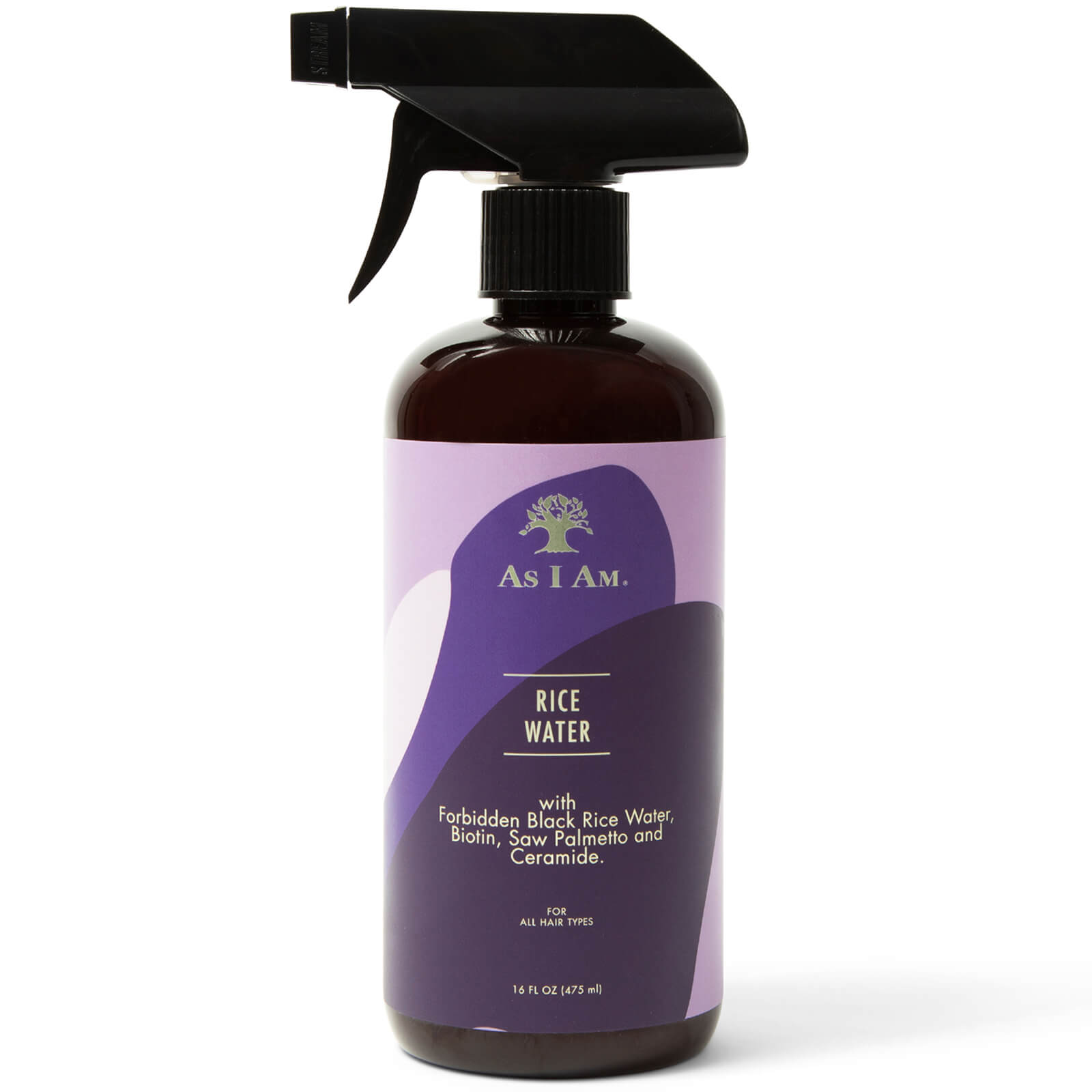Brown spray bottle with a black trigger top, featuring a purple and white label that reads "As I Am Rice Water" with details about ingredients like biotin and ceramide.