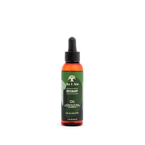 Amber glass bottle with a black dropper cap, featuring a green label that reads "As I Am Rosemary Oil" in white text, designed for all hair types, 2 fl oz.