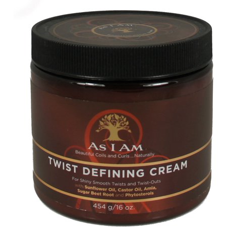 Brown jar with a black lid, labeled "As I Am Twist Defining Cream," 454 g, featuring ingredients like sunflower oil and castor oil, designed for shiny smooth twists.