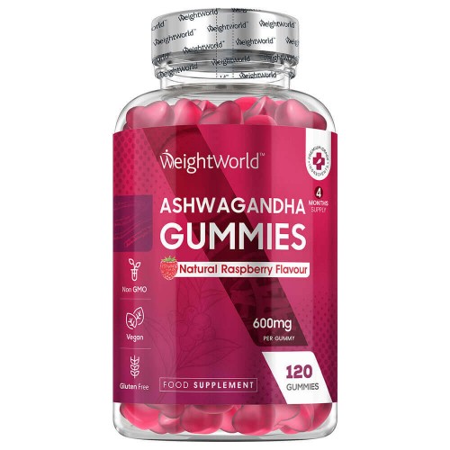 Transparent plastic bottle containing pink gummies labeled "WeightWorld Ashwagandha Gummies 1200mg," featuring a raspberry flavor note and a gluten-free symbol.