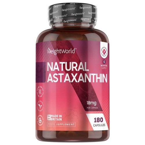 Brown plastic bottle with a pink label, featuring "WeightWorld" and "Natural Astaxanthin 18mg" prominently displayed, containing 240 softgels, labeled as a vegan food supplement.