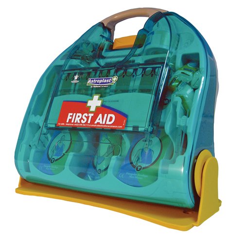 A teal and yellow plastic first-aid kit with a handle, featuring a clear front panel displaying the contents, labeled "FIRST AID" prominently on the front.