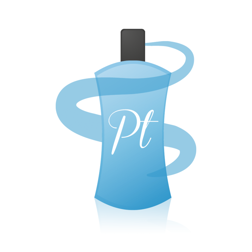 Clear blue bottle with a sleek design, featuring a black cap and the letters "Pt" in white, surrounded by a swirling blue ribbon, representing the fragrance's essence.