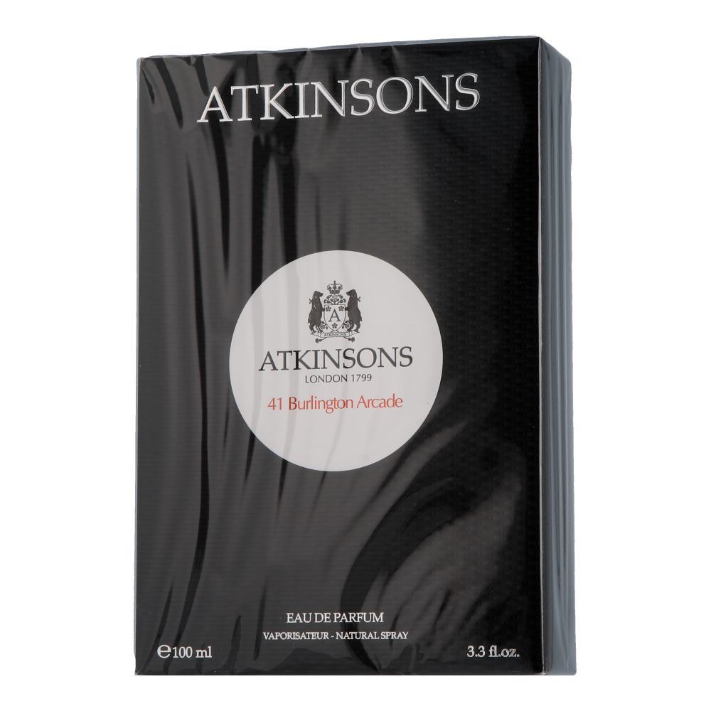 Black box packaging with a glossy finish, featuring the Atkinsons logo and "41 Burlington Arcade" in a circular white label, indicating a 100 ml Eau de Parfum.