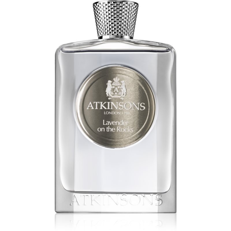 Clear glass bottle with a silver cap, featuring a circular silver label that reads "Atkinsons Lavender on the Rocks" and embossed branding on the base.