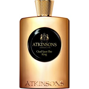 Gold-toned bottle with a textured, gold cap, featuring a black circular label that reads "Atkinsons Oud Save the King" in elegant font, 3.3 oz Eau De Parfum.